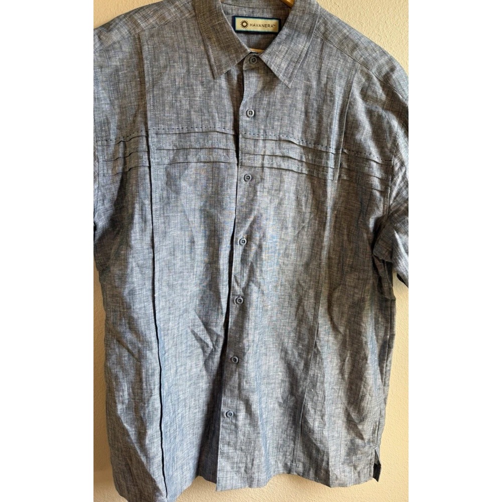Havanera Mens L Regular Fit Blue Solid Linen Cotton Woven Short Sleeve Button Up